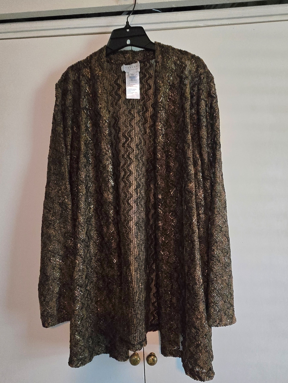 Susan Graver Metallic Open-Knit Cardigan in Bronze and Black